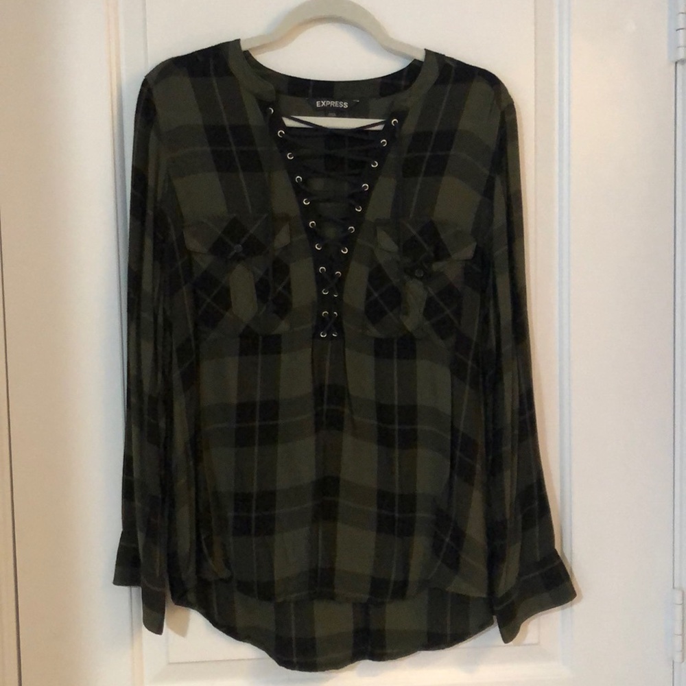 Tie up green flannel blouse